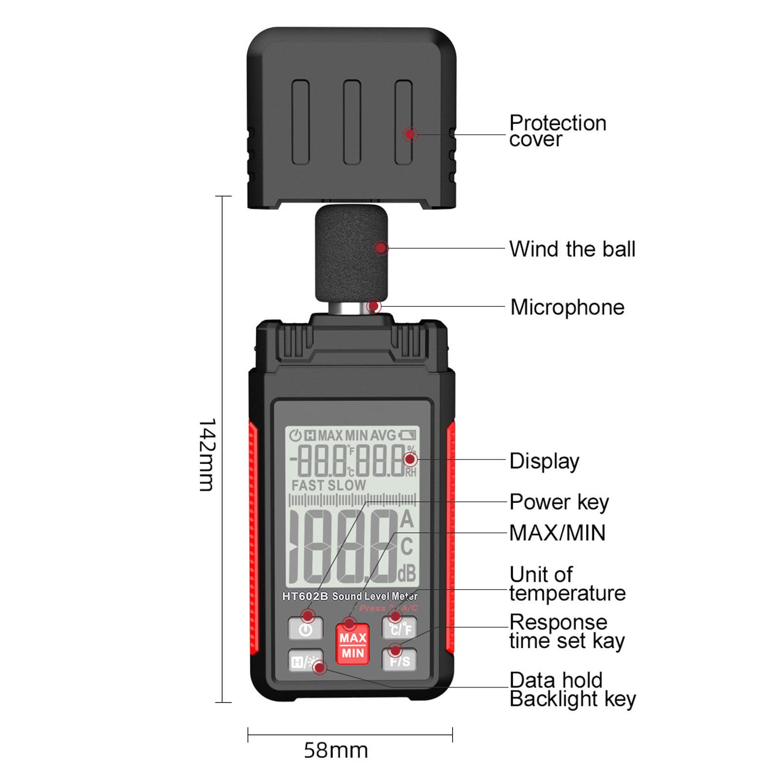 Fonometro Digitale 3 in 1 con Misurazione di Temperatura e Umidità - Misuratore di Decibel con Schermo LCD Retroilluminato - Monitor di Livello di Rumore Portatile per