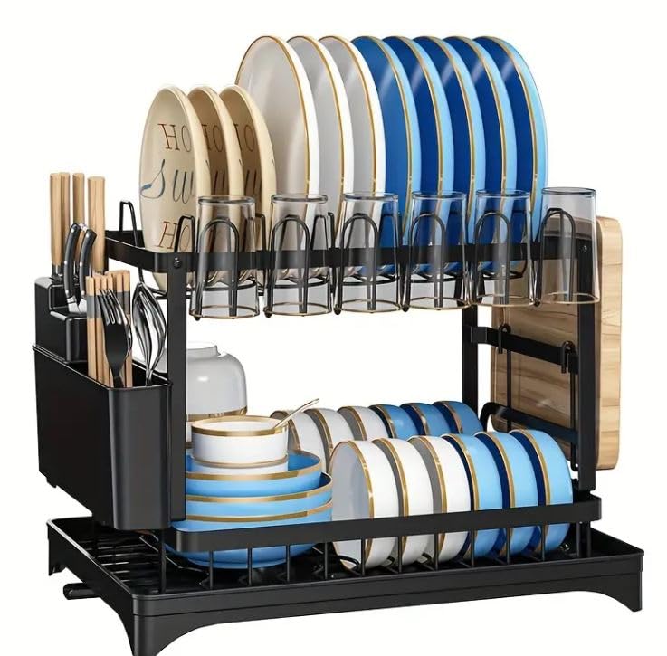 Image of Metal 2 Tier Dish Drying Rack Set,360 Degree Rotating Drainer,Rustproof Cutlery Rack for Kitchen Countertop with Draining Board,Cutting Board Holder,Cup Holder,Cutlery Rack (Black),32X8X8 Cm