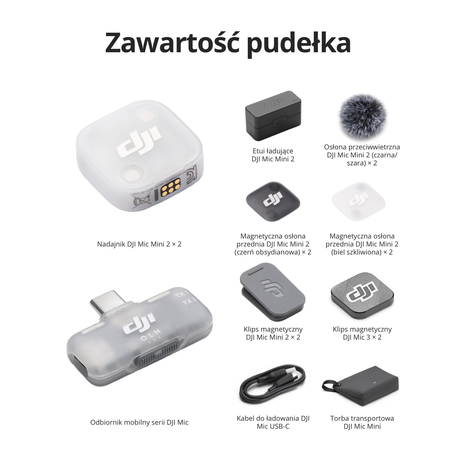 DJI Mic Mini 2 (2 TX + 1 RX do urządzeń mobilnych + etui ładujące), bezprzewodowy mikrofon do iPhone 17/16/15, Android, tabletów, PC, podłącz i używaj, akumulator 90 godz., zasięg 300m, vlogi