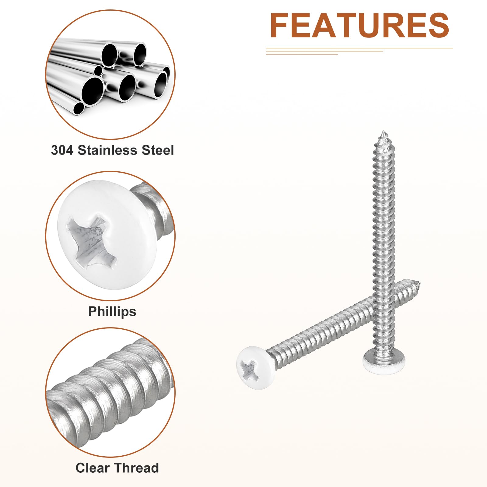 DTGN #8x2" White Screws 100Pack - 304 Stainless Steel Pan Head Phillips Sheet Metal Screw Self-tapping Screw Wood Screws - Image 4