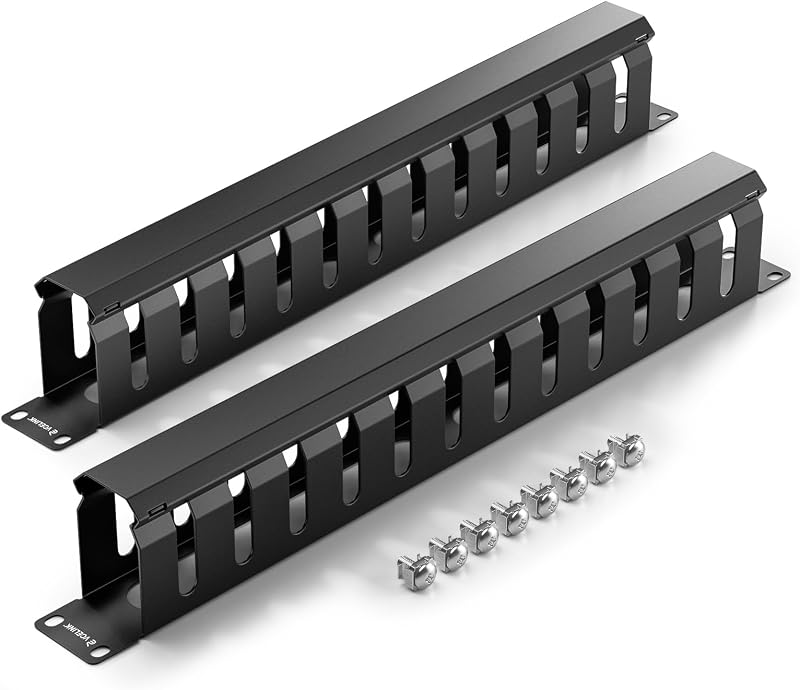 VCELINK Gestión de cables en rack de servidor de 1U y 12 ranuras para rack/gabinete de 19", paquete de 2 | Gestión de cables en rack de acero al carbono, 19" integrado, administrador de cables horizontal de 1U y 12 ranuras