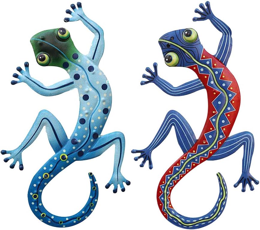 Sdkmah9 2Pcs/Set Large Metal Gecko,Gecko Metal Wall Decor, Metal Gecko Hanging for Outdoor Backyard Porch Home Patio Lawn Fence Decoration Wall Sculptures (Dark Blue Light Blue)