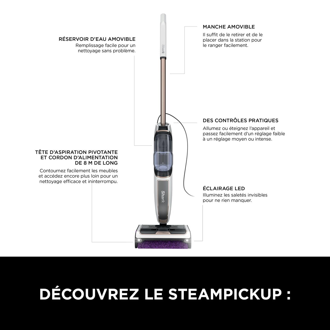Shark SteamPickUp 3-en-1 Balai vapeur nettoyeur pour sols SD200EU | non chimique, sépare débris humides et secs, 420 ml, rouleau brosse supplémentaire, socle de rangement, support pour rouleau