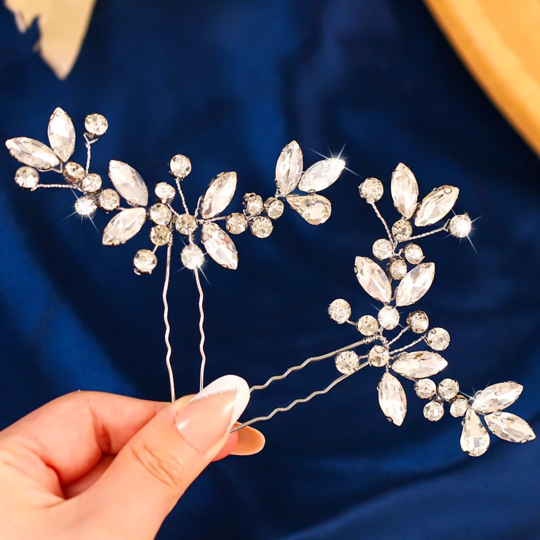HEREAD Crystal Bride Wedding Hair Pins Silver Rhinestone Hair Piece Hair Accessories for Women and Girls (Pack of 2) (Silver) - Image 2