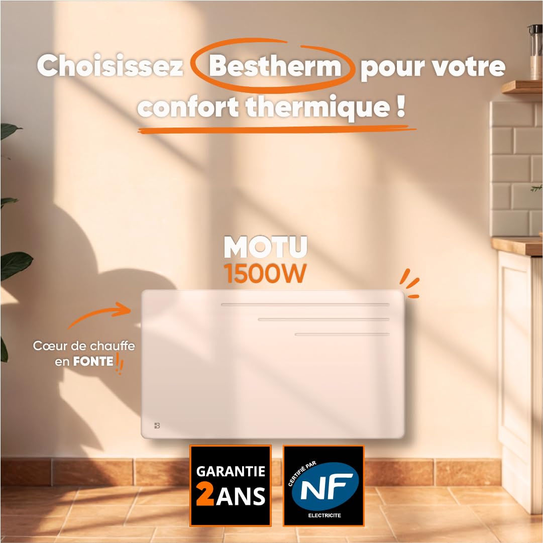 BESTHERM - Radiateur électrique fixe à inertie sèche fonte 1500W Bestherm MOTU horizontal blanc