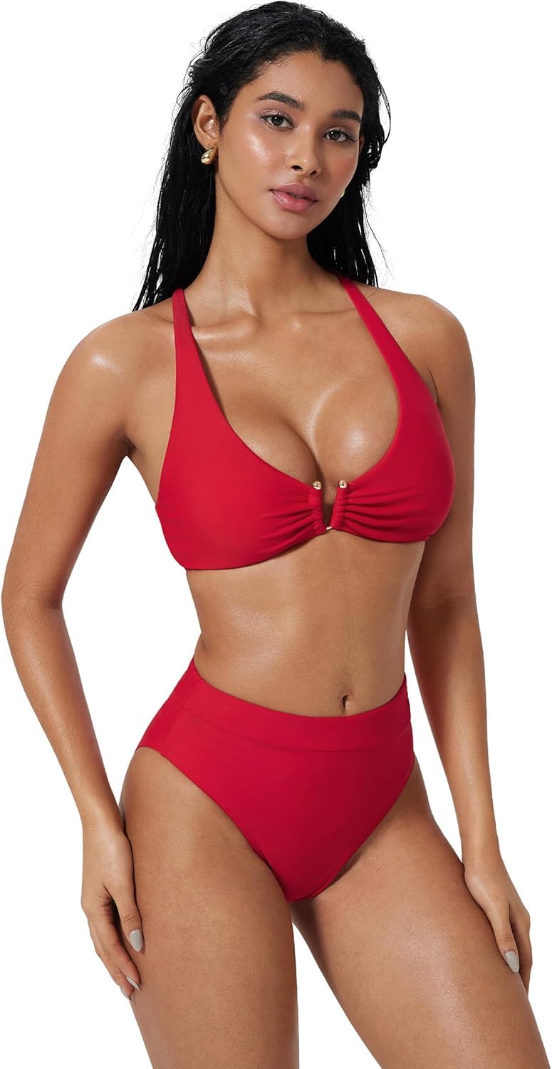 Women Halter Neck Bikini Set, High Waist Two Piece Swimsuit, Push Up Tummy Control Bathing Suit, Adjustable Beachwear-image-44