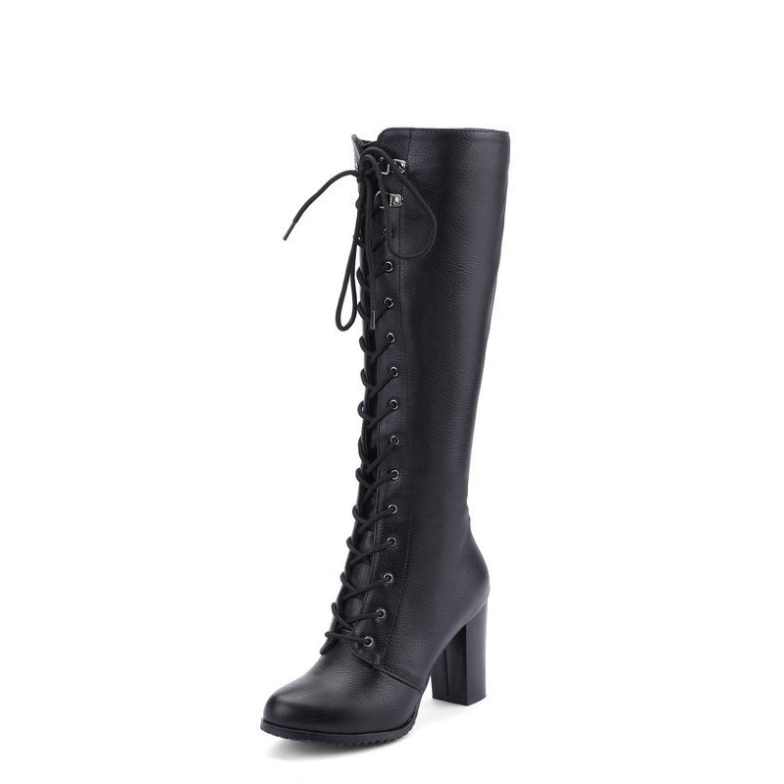 Heels Womens Chunky Stacked High Heel Riding Boots Winter Warm Knee High Lace Up Militaty Combat Boot Shoes (Color : Black Pu, Size : 5)