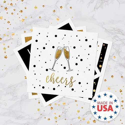 Miniatura 6 de Servilletas de bebidas para fiesta de Año Nuevo, 48 servilletas de cóctel navideñas, 4 diseños de fiesta de color negro y dorado sintético, 4 3/4 x
