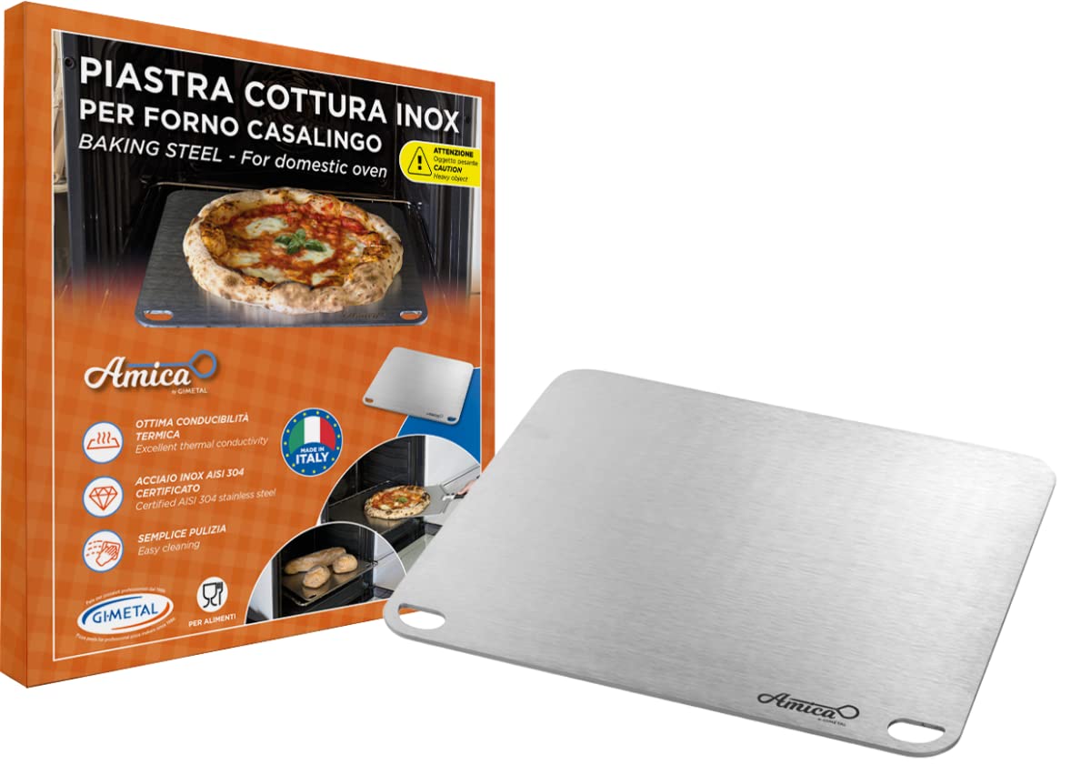 Gi.Metal Kit de placa de acero inoxidable de 40 x 35 cm + cortador de pizza – Para horno, barbacoa y gas – Cocción uniforme y corte preciso – Uso doméstico y profesional