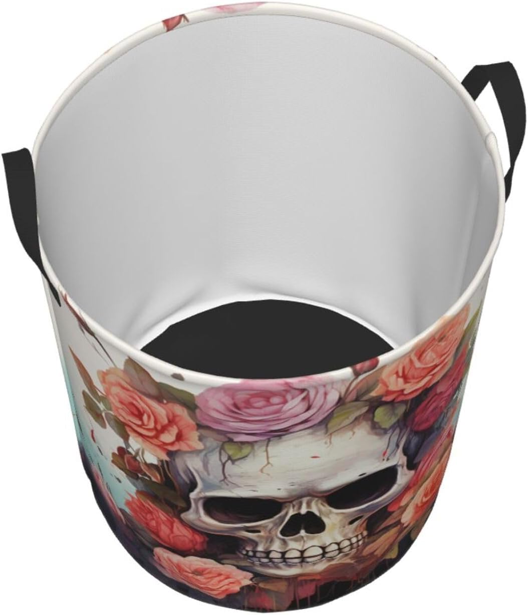 Cute Skeleton with Flowers Laundry Basket With Handles, Foldable Laundry Hamper Oxford Cloth Dirty Clothes Basket Waterproof Clothes Toys Storage Bin Organizer for Bedroom Bathroom Dorm