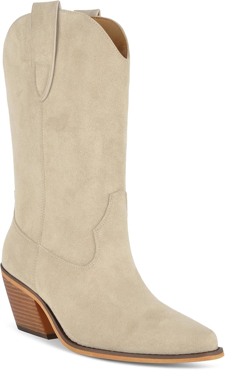 VERISSON Faux Suede Cowboy Boots for Women Brown Cowgirl Boots Mid Calf Chunky Heel Pointed Toe Pull on Booties Dressy Western Boot