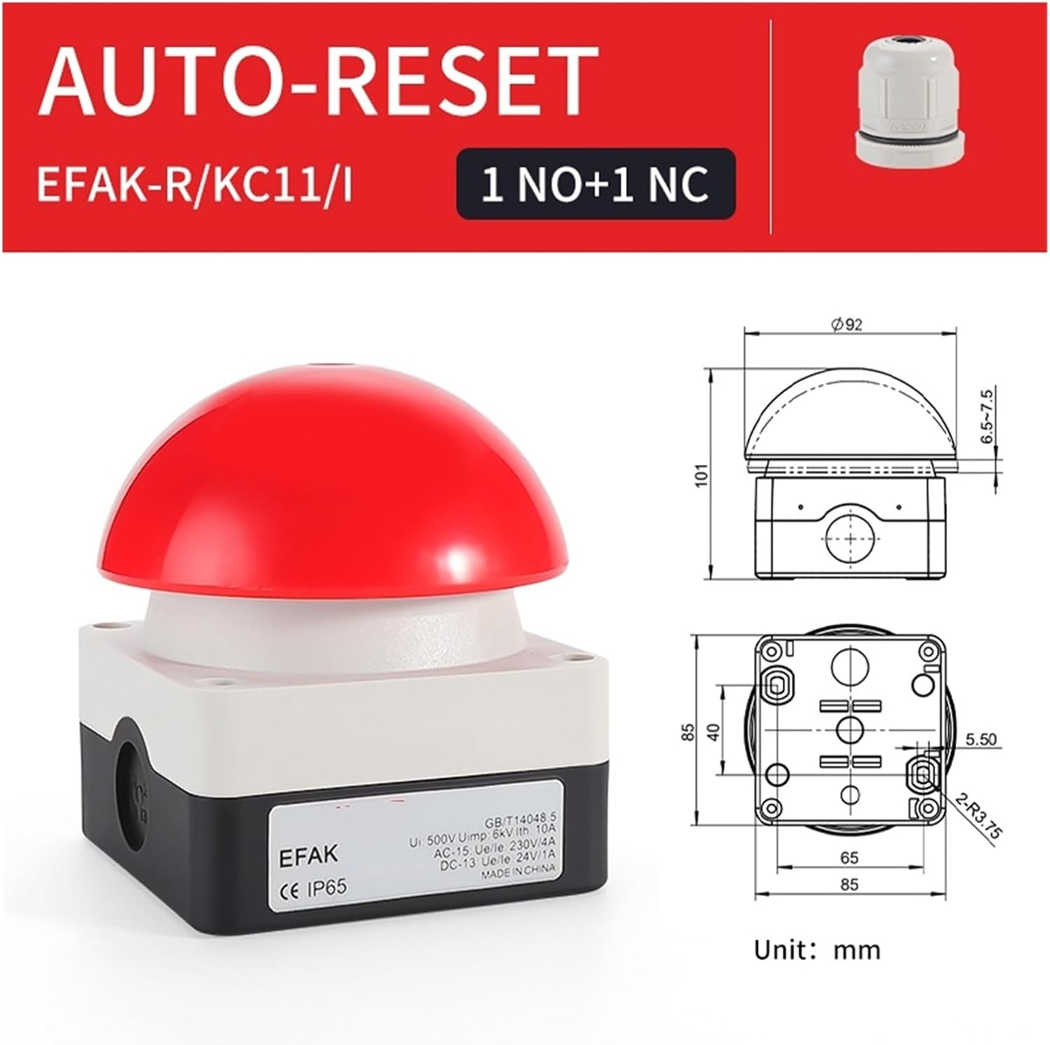 Big Mushroom Button Switch IP65 Foot Pedal Hand Tap Self-Resetting Waterproof Dustproof Emergency Stop Locking(Auto Reset Red)