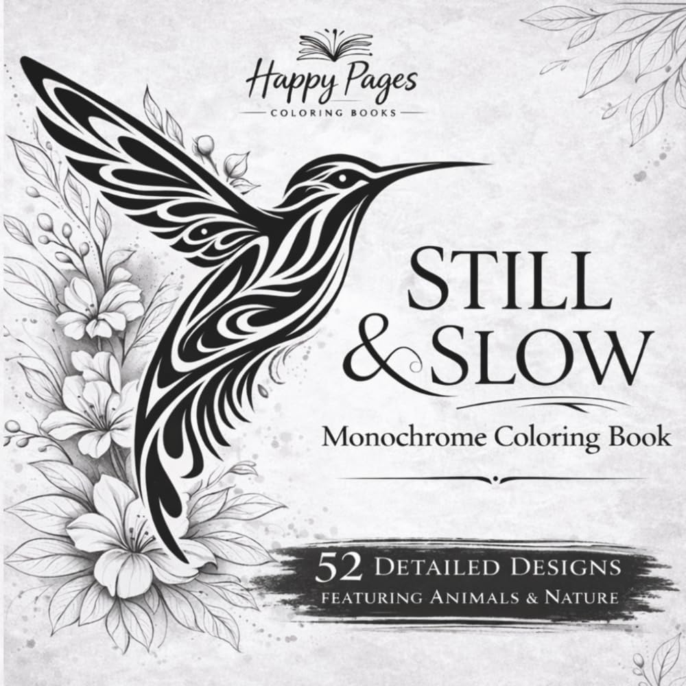 Still and Slow Monochrome Coloring Book for Adults: Animal & Nature Designs for Stress Relief with Guided Gray Grid Coloring