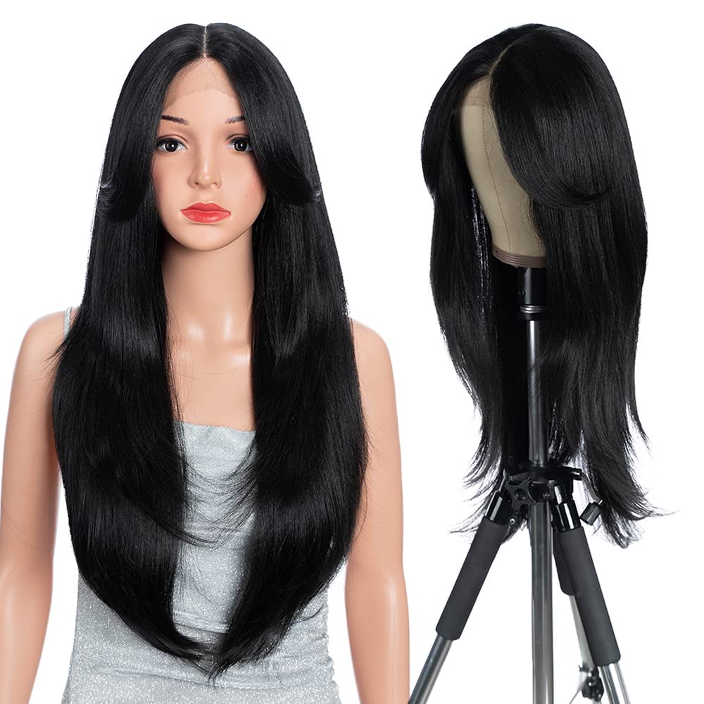 Style Icon Long Layered Wave Lace Front Wigs with Curtain Bangs 26 Inches Black Straight Hair Synthetic T Part Lace Wig (1B)