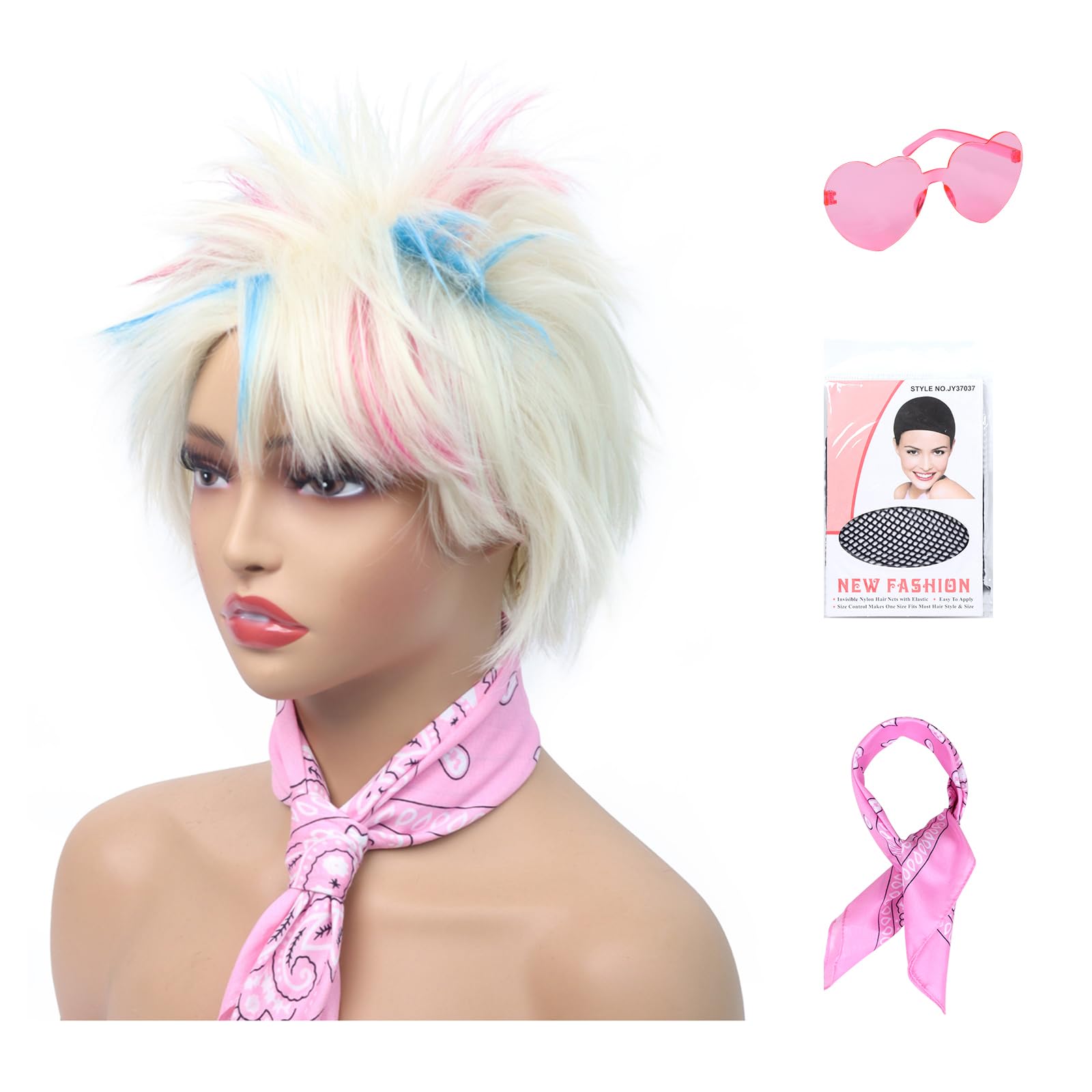Short Blonde Wigs for Women Highlight Pink & Blue Wigs with Bandana and Glasses Straight Colorful Weird Funny Costume Wigs for Halloween Cosplay Anime Party