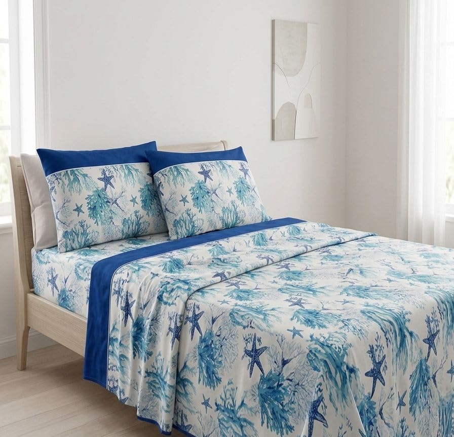 Lenzuola Matrimoniale in Cotone Fantasia Corallo – Completo Letto 2 Piazze con Federe, Morbido e Traspirante (Blu)