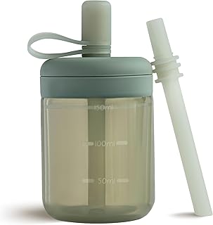 Moonkie Trinklernbecher, Trinkflasche mit Strohhalm, Silikon Trinkbecher für Baby und Kinder, Strohhalmbecher mit Deckel Auslaufsichere, BPA-freie, Baby Becher ab 6 Monate, 5 oz(Graugrün)