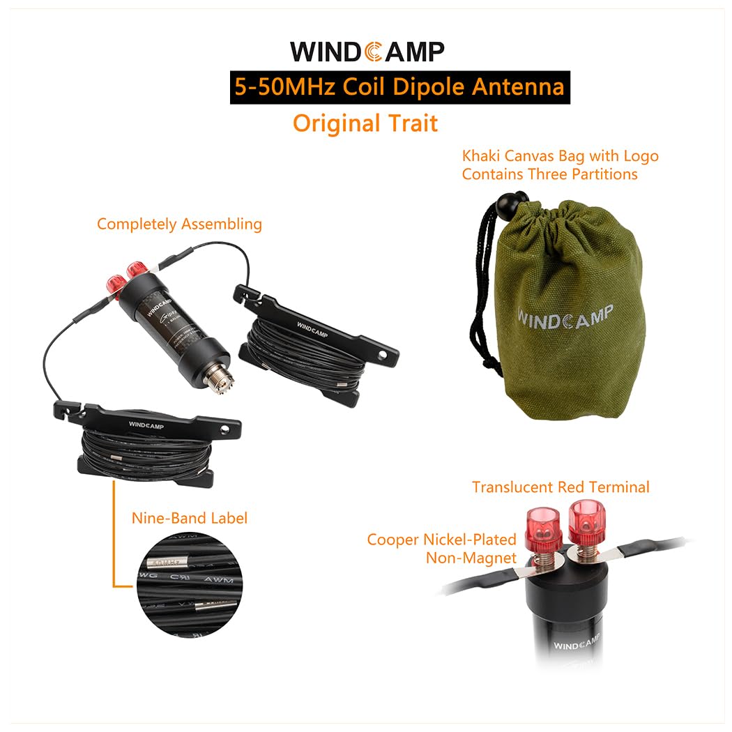 5-50MHz Coil Dipolantenne Schwarz Amateurfunk HF Tragbar 100W PEP mit Khaki Canvas Tasche 9-Band Markierung Einstellbar