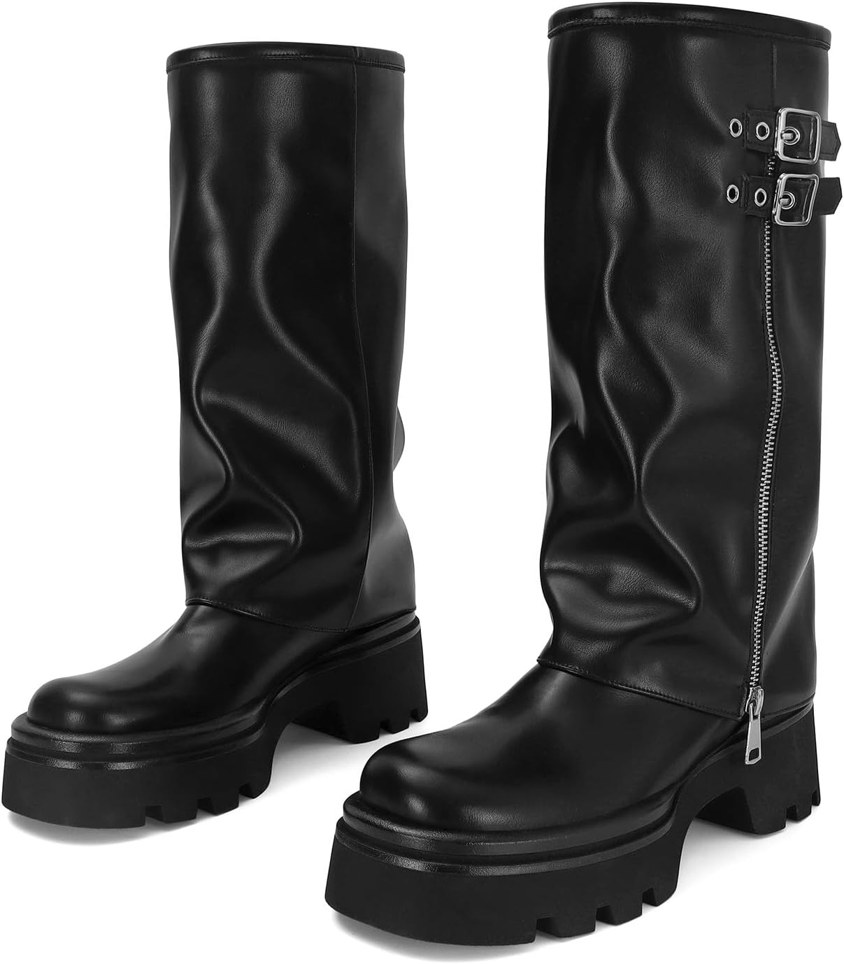 MICIFA Women's Fold Over Boots Platform Slouchy Wide Calf Boots for Women Chunky Heel Ruched Round Toe Riding Mid Calf Booties - Image 6