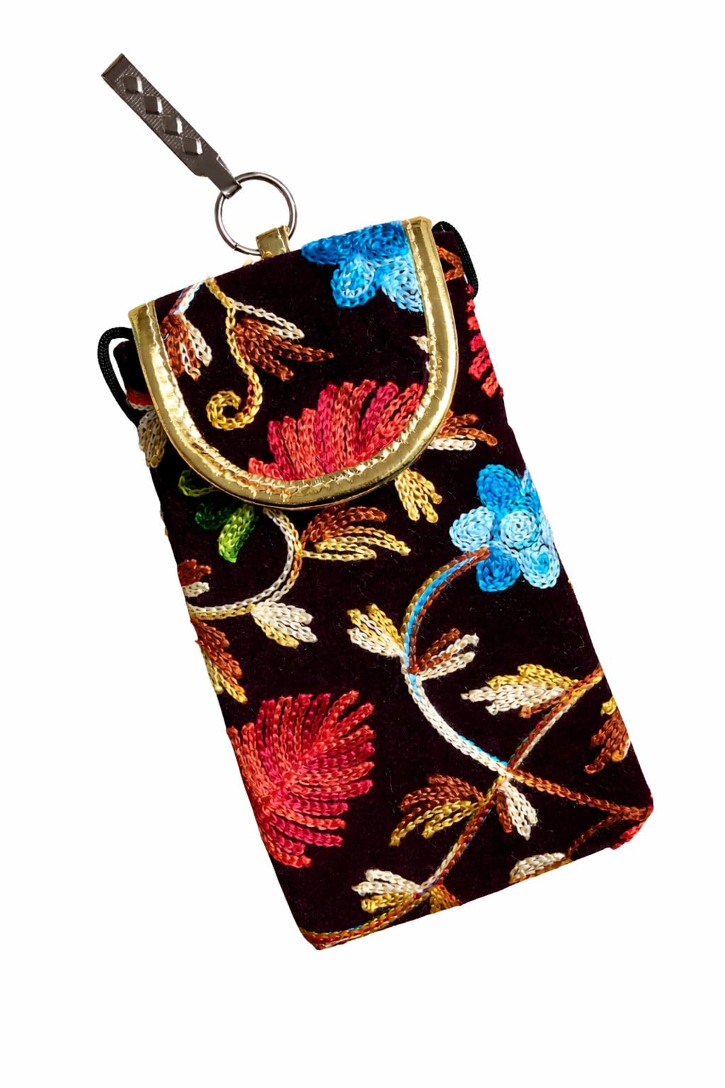 Purple Embroidered Velvet Mobile Pouch for Women with Keychain | Floral Design Small Phone Wallet Case | Compact Coin Purse & Card Holder-picture-14