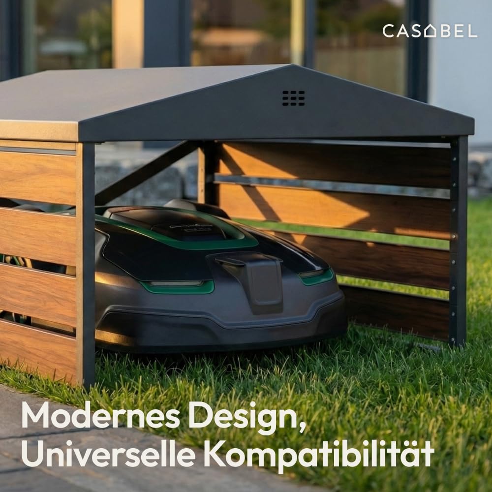 CASABEL Mähroboter-Garage aus verzinktem Stahl, Satteldach | Wetterschutz, robuster verzinkter Stahl, Satteldach, universeller Unterstand, Holzoptik, einfache Montage