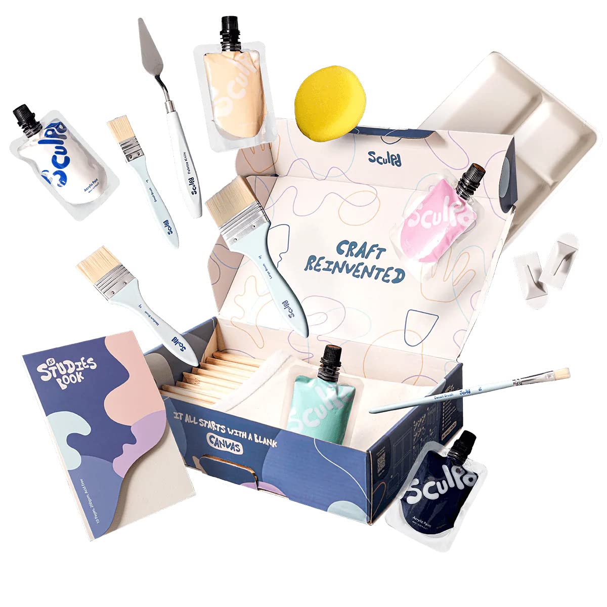 Sculpd Set für abstraktes Malen, abstrakte Malerei, 4 Acrylfarben, 2 Pinsel, Künstlerleinwand, weiterer Künstlerbedarf, Studienbuch und Anleitungen, geeignet für Erwachsene, Anfänger und Künstler