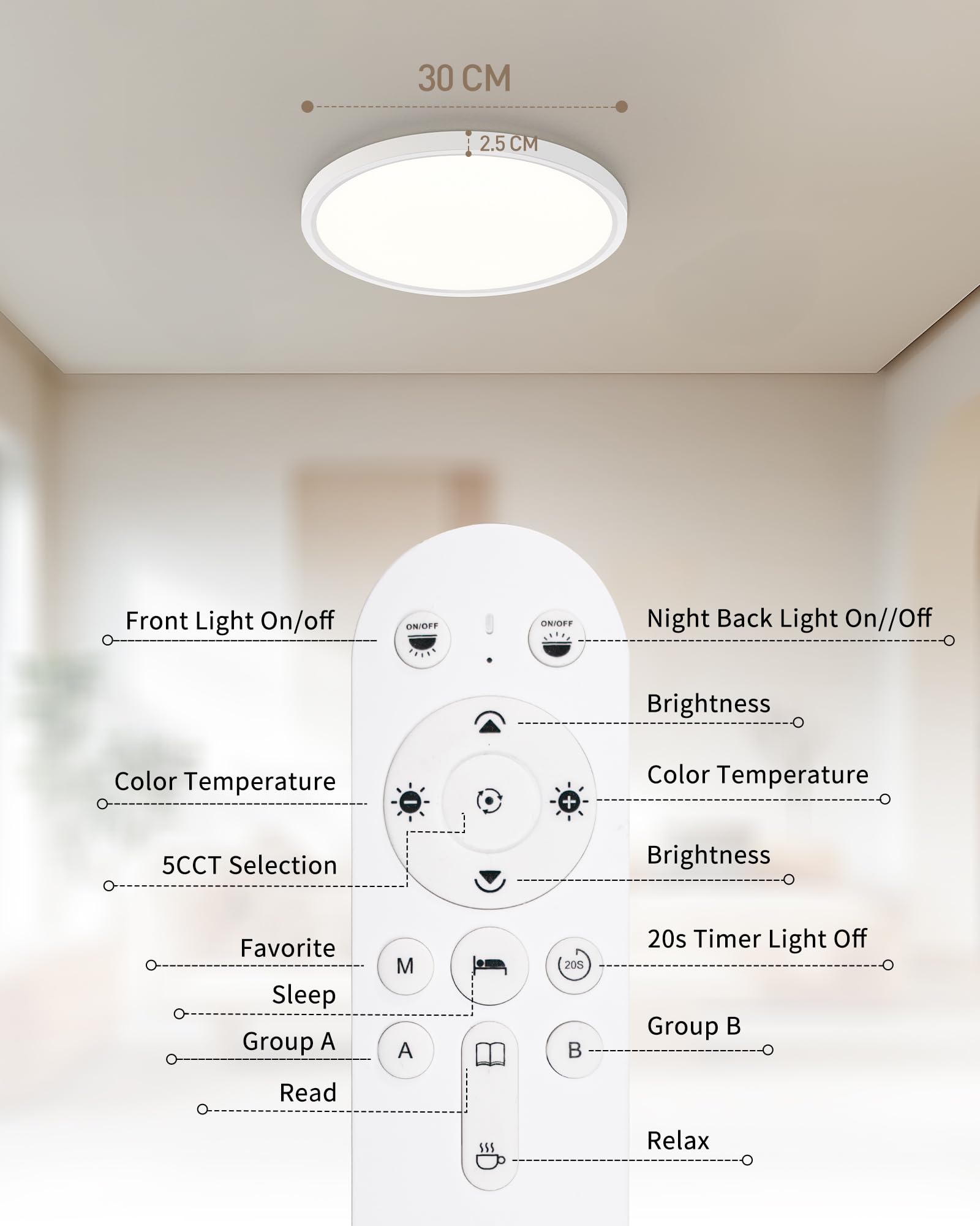 Plafonnier LED Dimmable 24W avec Télécommande – Lampe de Plafond Chambre avec Rétroéclairage Veilleuse 2000K, Minuterie, Rond Ultra Plat pour Salon, Cuisine, Chambre d’Enfant Ø30cm