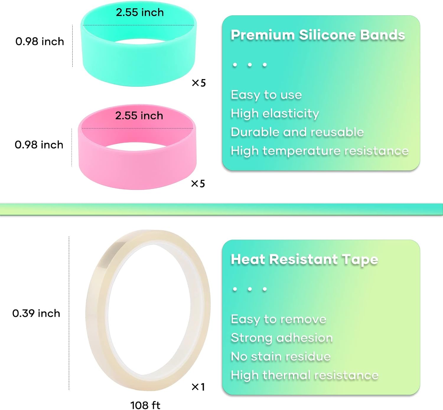 HTVRONT Heat Resistant Gloves Kit - 2Pcs Heat Gloves for Sublimation, 8 Pcs Silicone Bands for Sublimation Tumbler, 1 Pcs Heat Tape for Sublimation, 20Pcs Shrink Wrap for Sublimation Tumblers