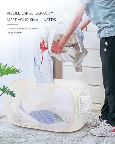 Miniatura 4 de Cestas de lavandería plegables, cesta de lavandería plegable, cestas de malla plegables (cada una con 2 asas reforzadas) (2 beige)..