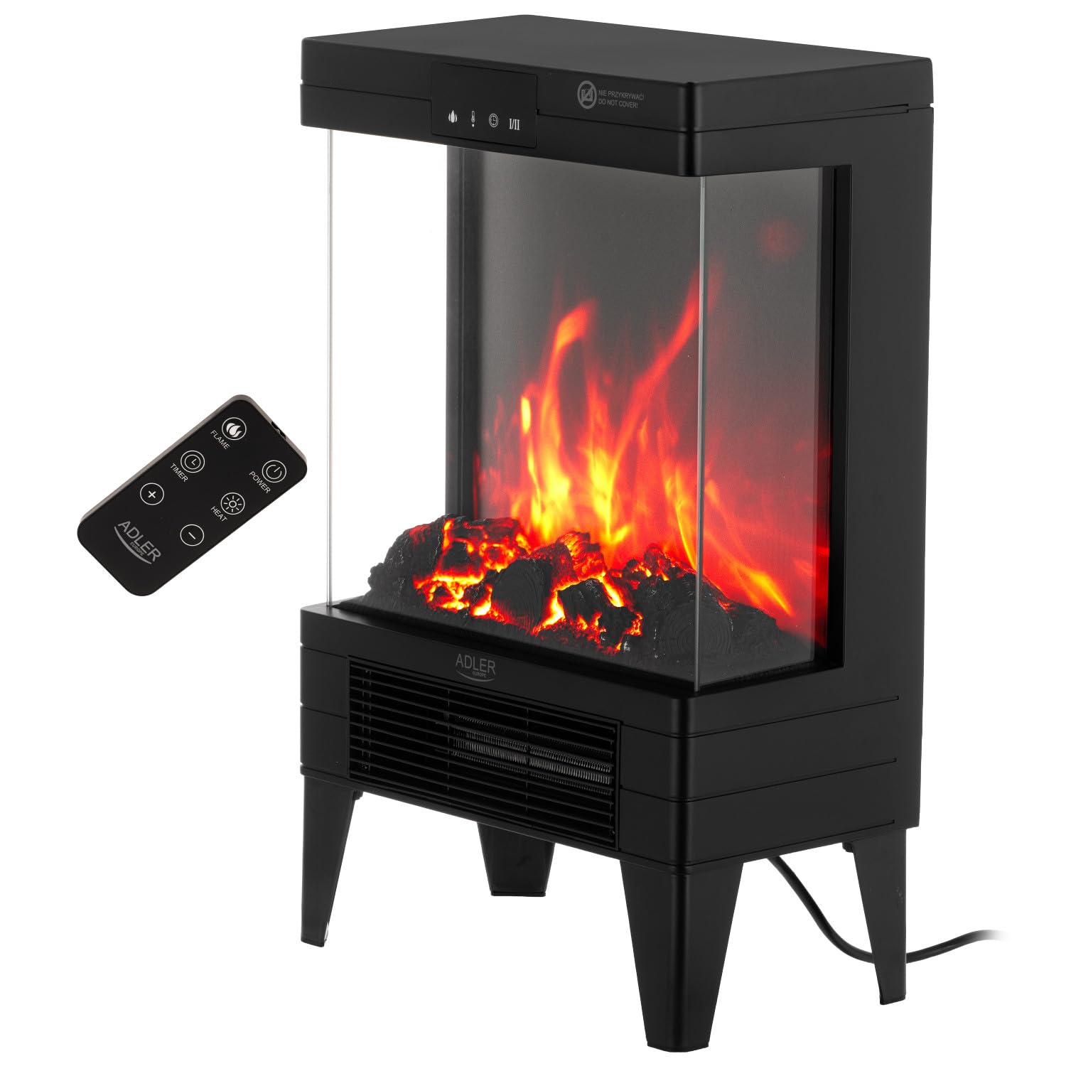 Adler AD 7755 elektryczny kominek LED 2000 W – efekt płomienia 3D, termostat 15–38°C, timer 1–12 godzin, ekran dotykowy, pilot zdalnego sterowania, nowoczesna przenośna konstrukcja, szkło hartowane