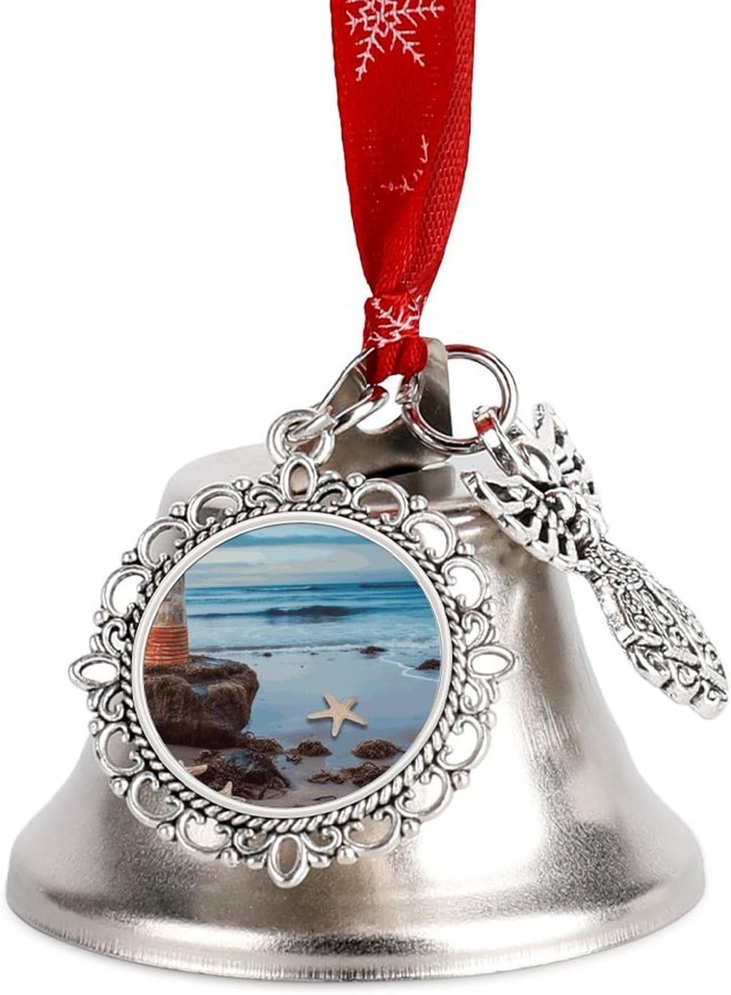 Starfish Lighthouse Beach Christmas Bells Ornaments with Wings & Heart Silver Bell Pendant for Christmas Tree Home Door Mantle Fireplace Decoration