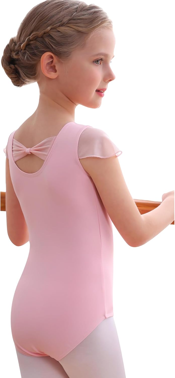 MdnMd Girls Leotard for Ballet Dance Gymnastics Toddler Kids Outfits With Bow Back Ruffle Sleeve