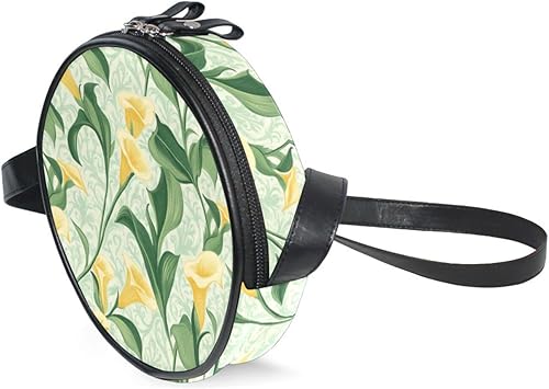 Miniatura 2 de Retro Yellow Calla Lily Flowers Round Small Crossbody Bag for Women Beauty with Adjustable Strap Black Handbag Have a meal Canvas Messenger Purse