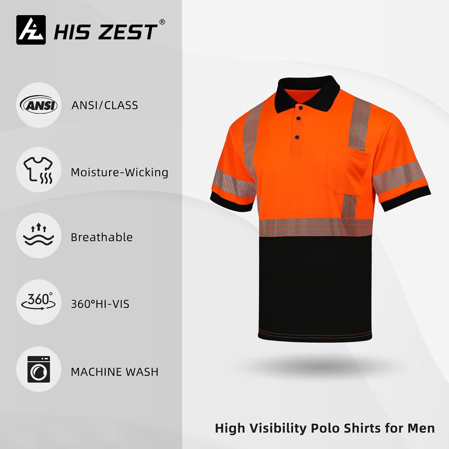 Hi Vis Safety Work Construction Short T Shirt Reflective Class 3 Black Bottom High Visibility for Men with Polo