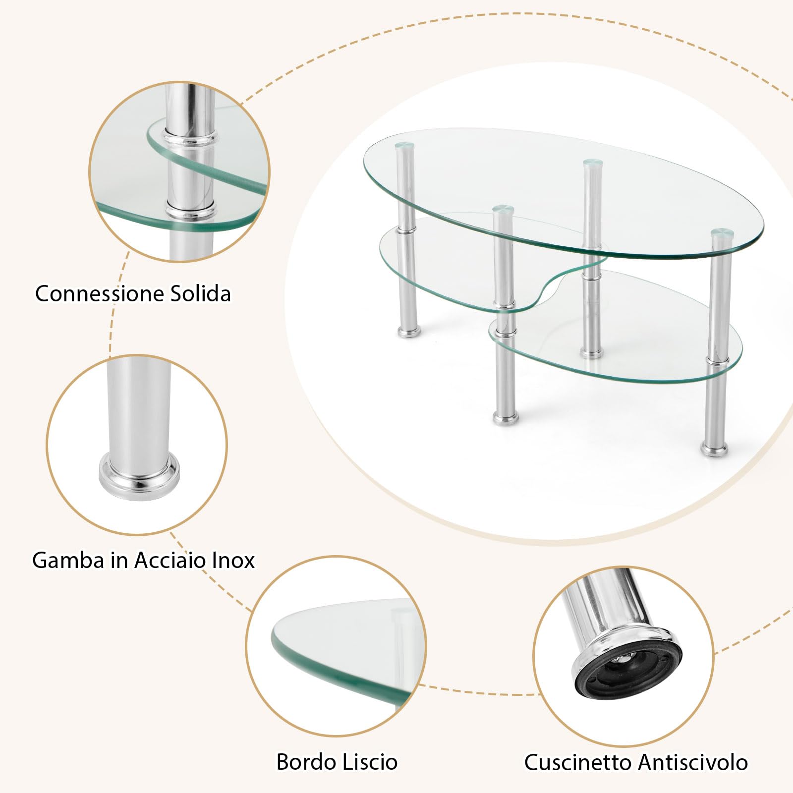COSTWAY Tavolino da Salotto in Vetro Temperato Moderno, Tavolo Basso e Ovale con Piano Spazioso e 3 Livelli, Ideale per Soggiorno e Ufficio, 89 x 49 x 45 cm (Trasparente)