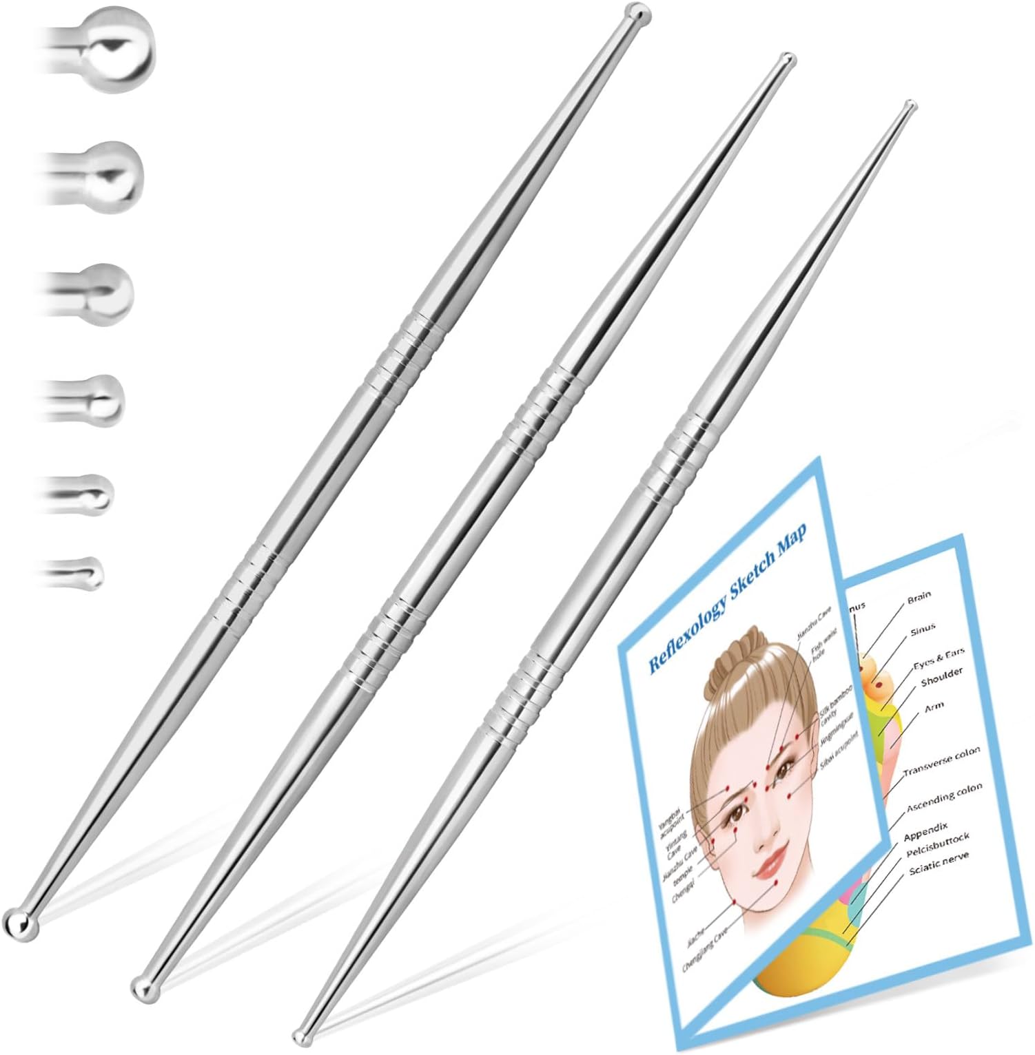 ideayard Facial Reflexology Tool, 3 Pieces/6 Sized Headed Stainless Steel Acupuncture Pen for Ear, Face & Body Acupressure, Massage, Deep Tissue Pain Relief & Muscle Relaxation