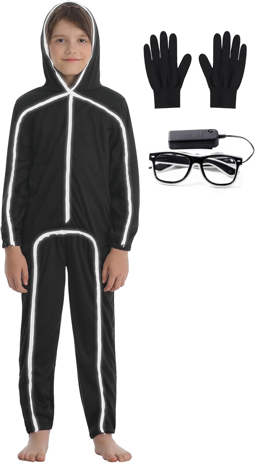 Stick Figure Costume Kids Stickman Jumpsuit with Light up Glasses Halloween Glow in the Dark Outfits for Boys Girls