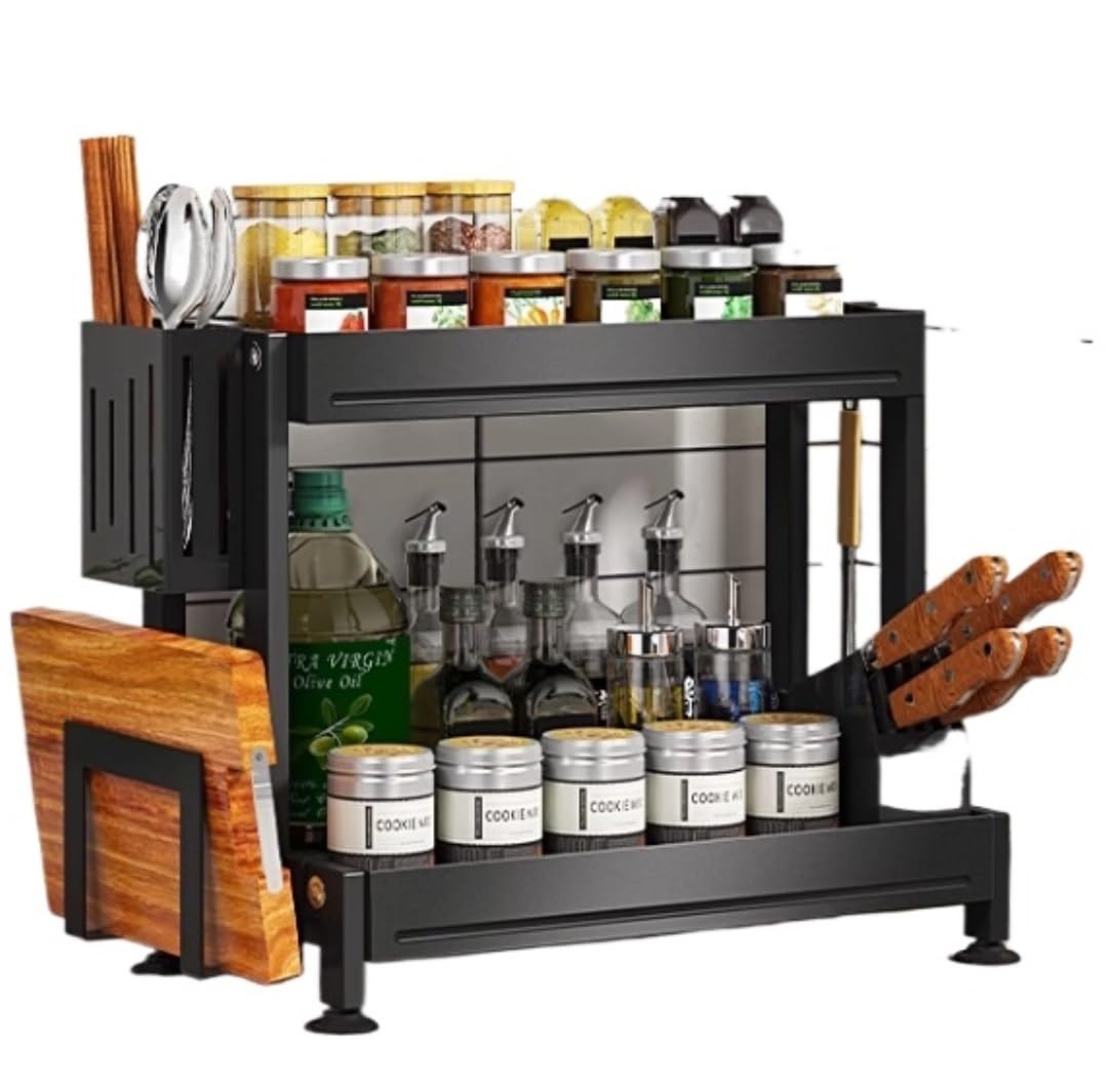 HADECOLL Spice Rack 201 Stainless Steel Spice Rack Storage Kitchen Holder Seasoning Organizer Countertop Jar Shelf Kitchen Organiser,Black-2-Tier