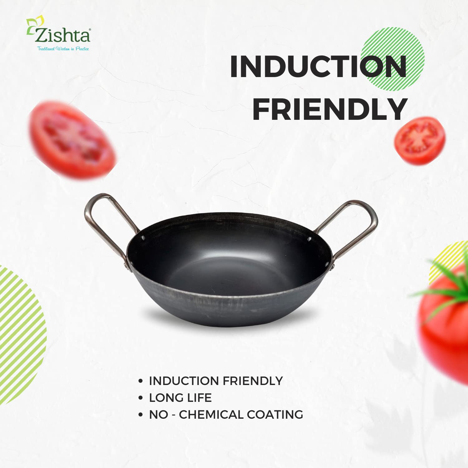 Zishta Pure Iron Flat Bottom Kadai (Large) | Traditional Flat Bottom Iron Kadai & Frying Pan | Induction and Gas Stove Compatible | Flat Bottom Kadai Zishta | Iron Kitchenware Kadai Flat (Dia: 25cm, L: 31cm, Cap: 1.5L, H: 7cm, 0.95 Kg) 3