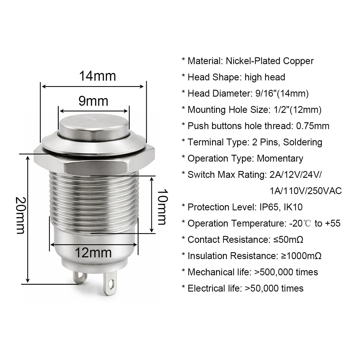 GUUZI Przycisk chwilowy 12 mm, wodoodporny metalowy przycisk, SPST, bez przycisku chwilowego, 2A, 12 V/24 V/125 V/250 V, opakowanie 5 (wysoka głowica)