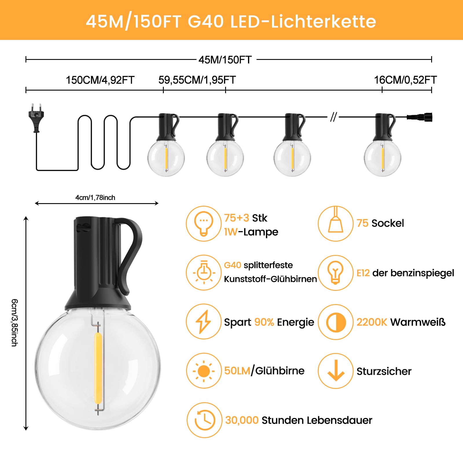 Lichterkette Außen Strom,G40 45M LED Outdoor Lichterkette Glühbirnen Außen Innen Strom mit Stecker,75 bruchsichere Birnen,netzbetriebene Außenleuchten für Terrasse,Hof,Balkon,Gartenhaus