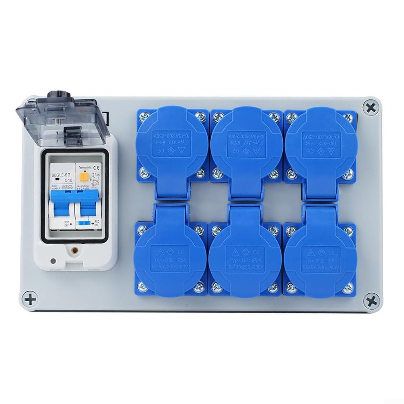 Distribuidor de pared IP54 de 6 vías con interruptor FI, 1P+N, 250 V/16 A, carcasa ABS, para taller, garaje y exteriores