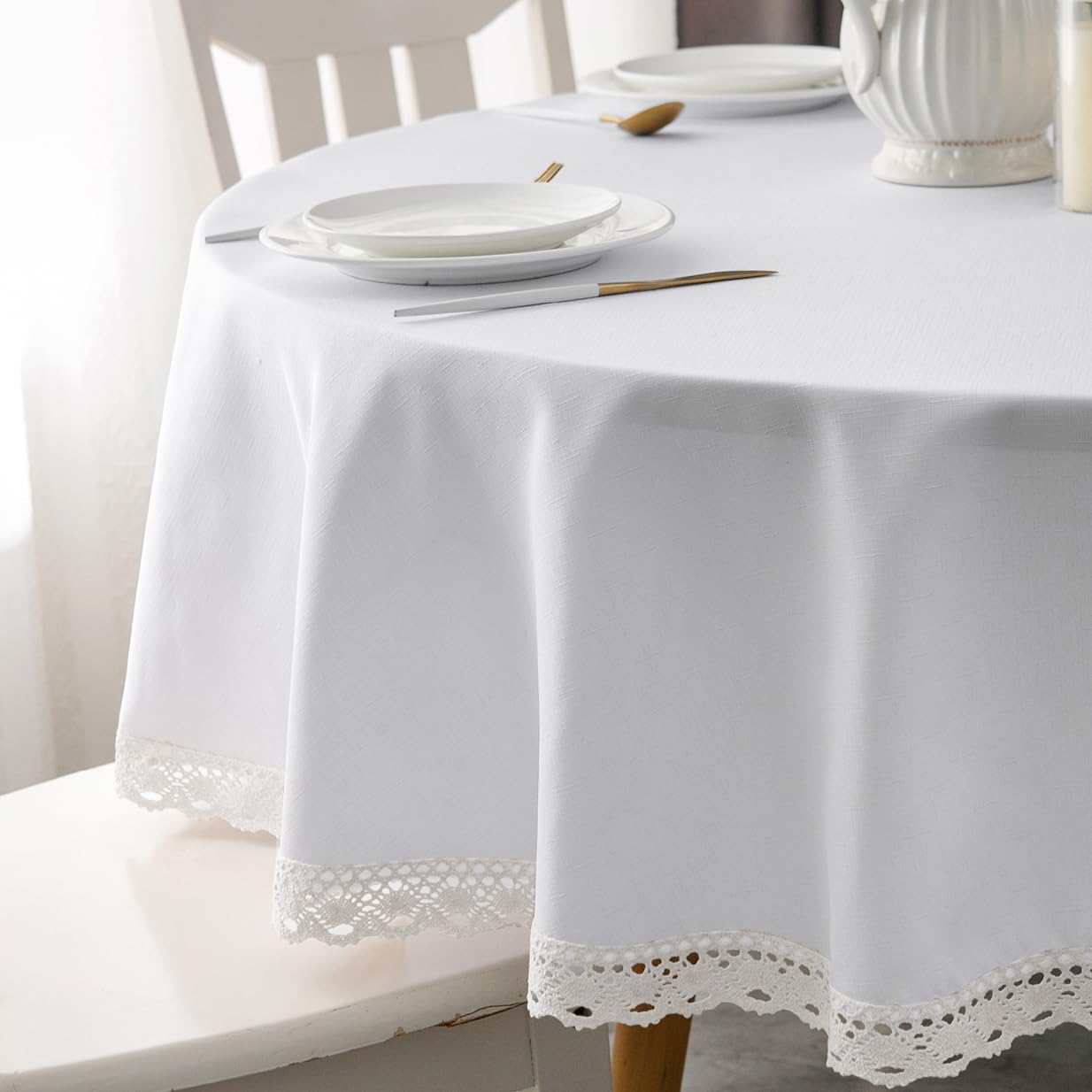 EHouseHome Faux Linen Tablecloth with Lace Trim - Waterproof/Spill Proof/Stain Resistant/Wrinkle Free/Oil Proof - for Banquet, Parties, Dinner,Wedding