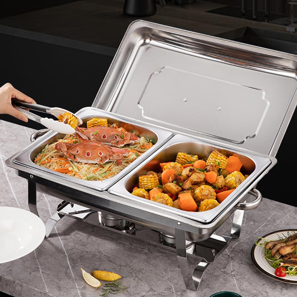 OHMG Podgrzewacz do naczyń, Chafing Dish lub kuchenka ze stali nierdzewnej do bufetu / profesjonalnej kąpieli marie / utrzymywania ciepła/cateringa/hotelu/restauracji - stal nierdzewna (2 przegródki