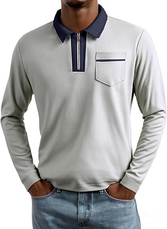 Mens Long Sleeve Polo Shirt Quarter Zip Lapel Golf Shirt Classic Collared Contrast Color Pullover Tops with Pocket