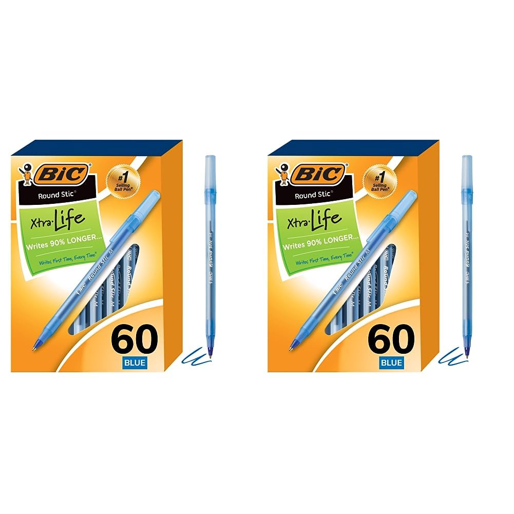 Round Stic Xtra Life Blue Ballpoint Pens, Medium Point (1.0mm), 60-Count Pack of Bulk Pens, Flexible Round Barrel for Writing Comfort, No. 1 Selling Ballpoint Pens (Pack of 2)