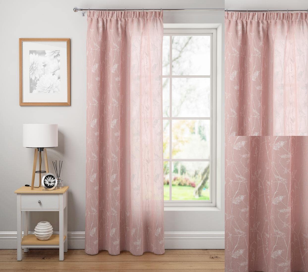 Amania Trading Ltd Blush One Single Meadow Floral Linen Effect Voile Tape Top Pencil Pleat Curtain Panel - 48" (122Cm) Drop