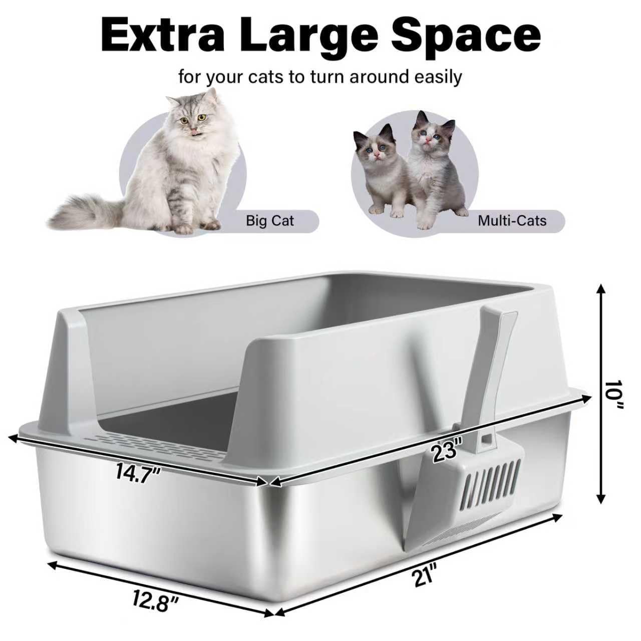 Holintan Stainless Steel Litter Box with Lid, XL Metal Litter Box, Anti-Urine Leakage Cat Litter Boxes Extra Large for Big/Multiple Cats, Never Absorbs Odors, Non-Stick, Includes Scooper and Mat - image 2