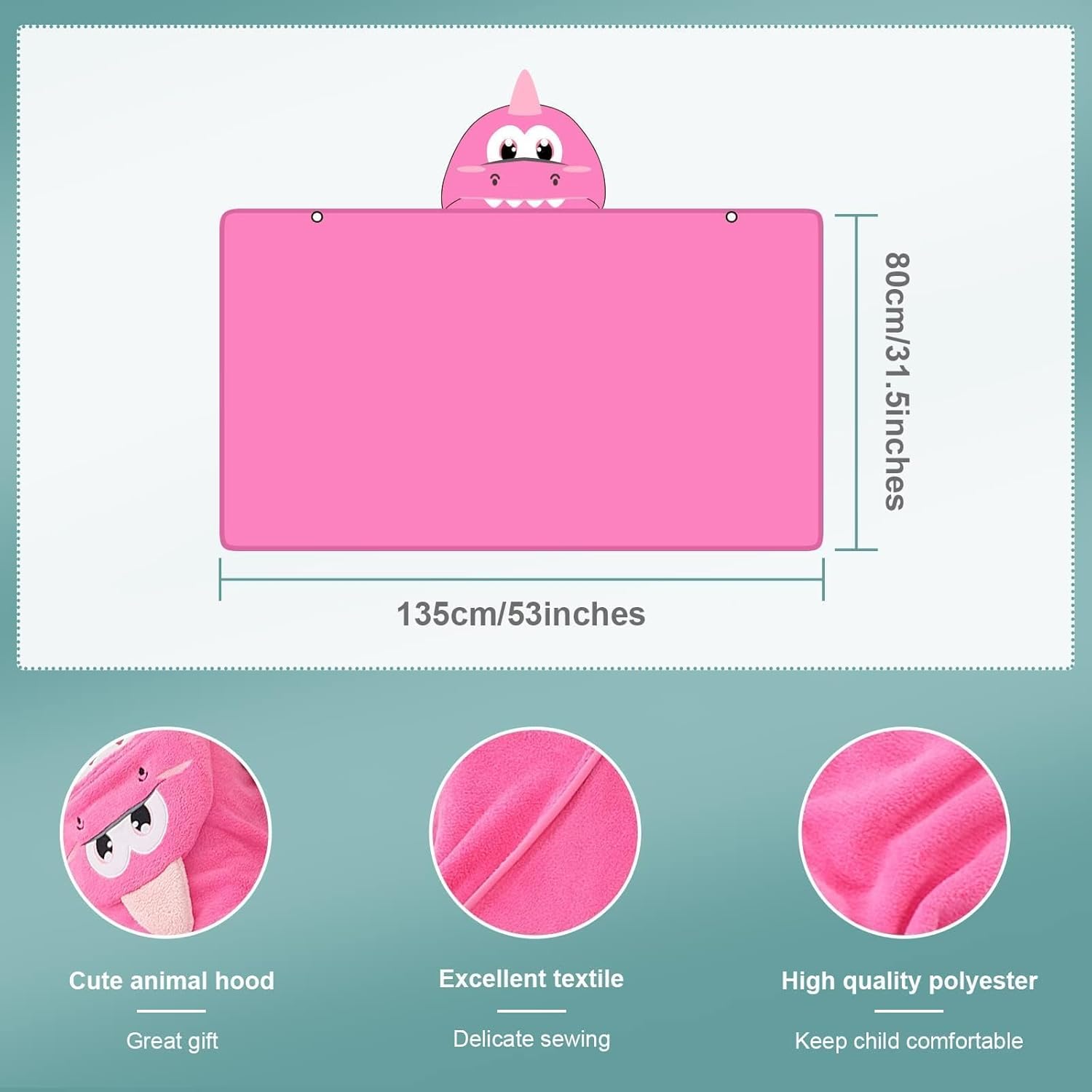 MICHLEY Cartoon Hooded Baby Towel Unisex, Premium Soft Swimming Bathrobe Large Washcloths 31.5" x 53" for 0-9T (Pink Dinosaur)