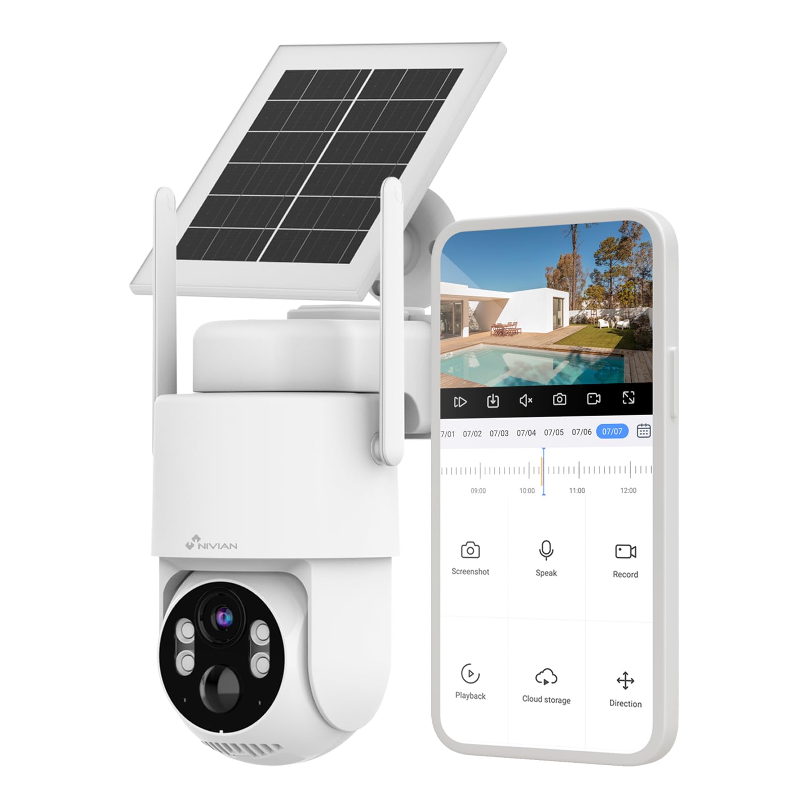 NIVIAN Telecamera di sorveglianza di sicurezza 360° 4G - SIM 3 anni inclusa- Pannello solare 5 W-Batteria lunga durata 7800 mAh-2 K-Rilevamento di movimento e umani-Adatto esterno-Visione notturna